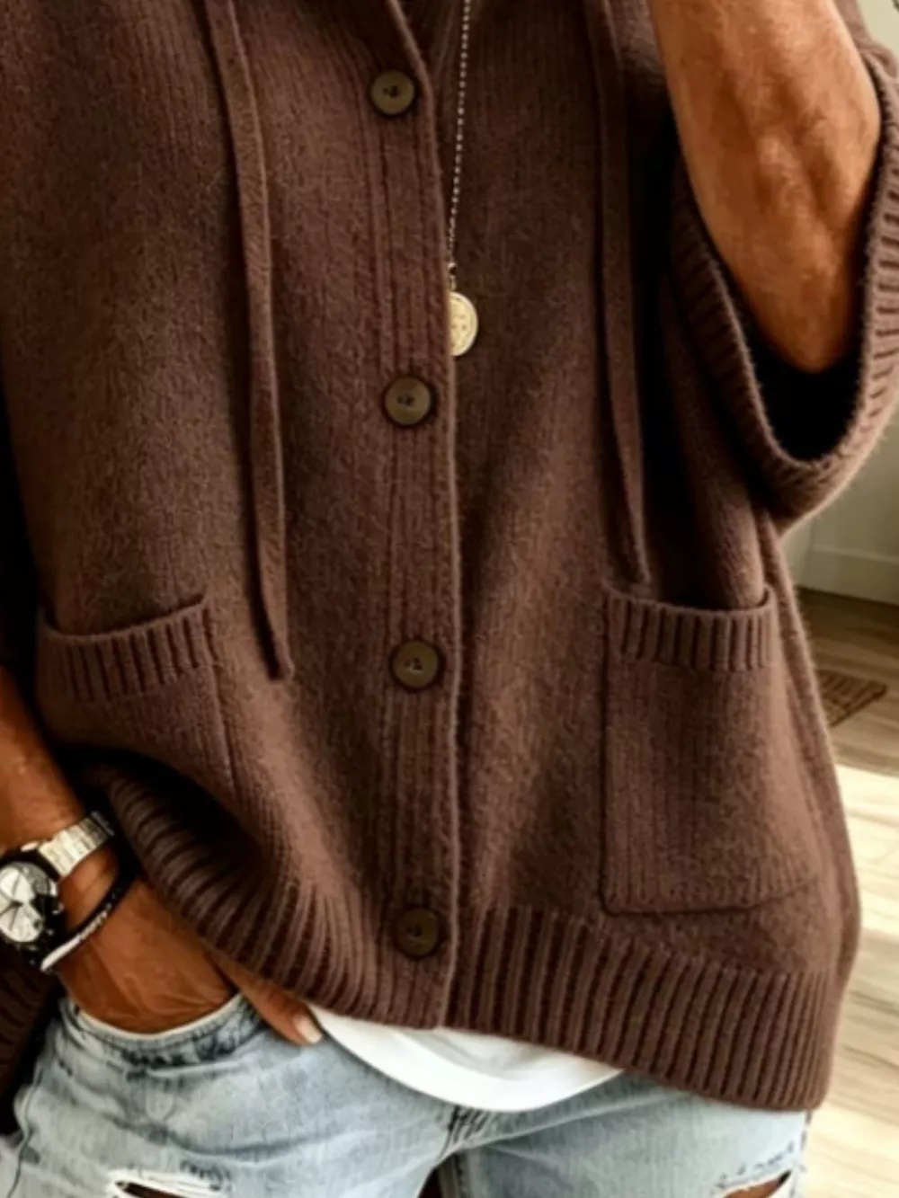 Full Size Casual Hooded Button-Down Knit Cardigan with Pockets Plus Size, image 15