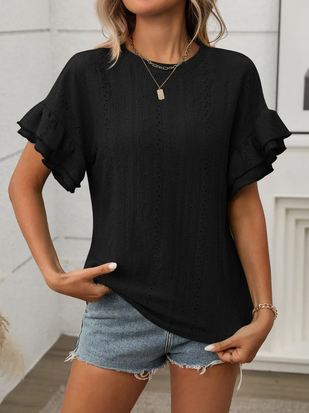 Eyelet Round Neck Flounce Sleeve Top, image 10