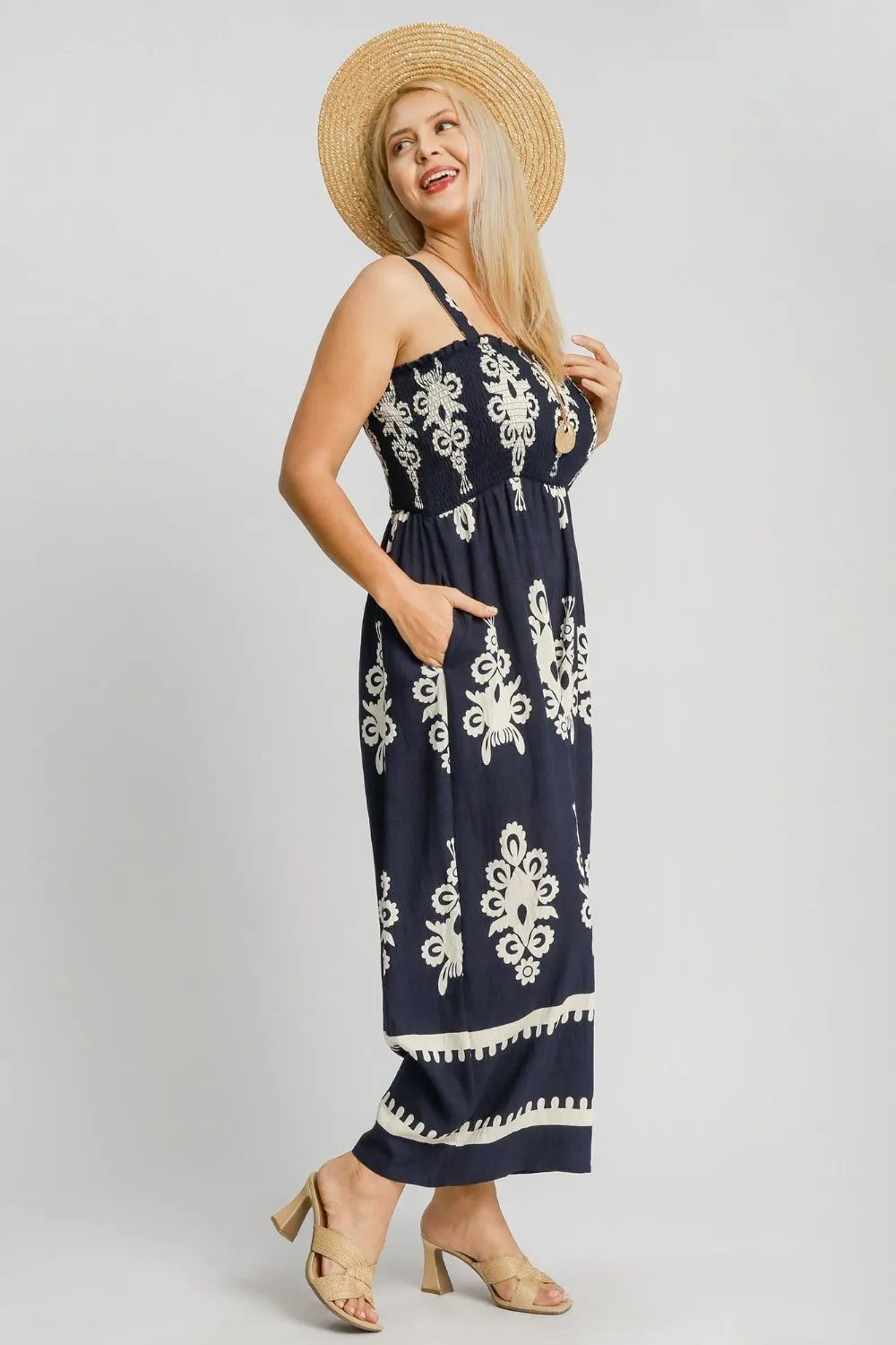Full Size Smocked Printed Wide Leg Jumpsuit Plus Size, image 3