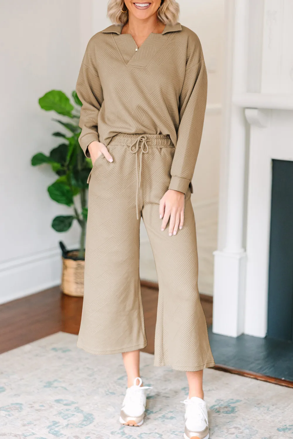 Textured Collared Neck Top and Wide Leg Pants Set, image 9