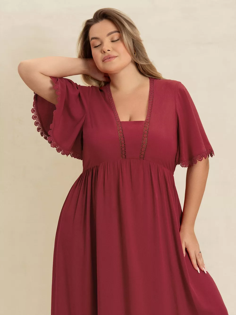 Plus Size Lace Detail Flutter Sleeve Maxi Dress, image 4