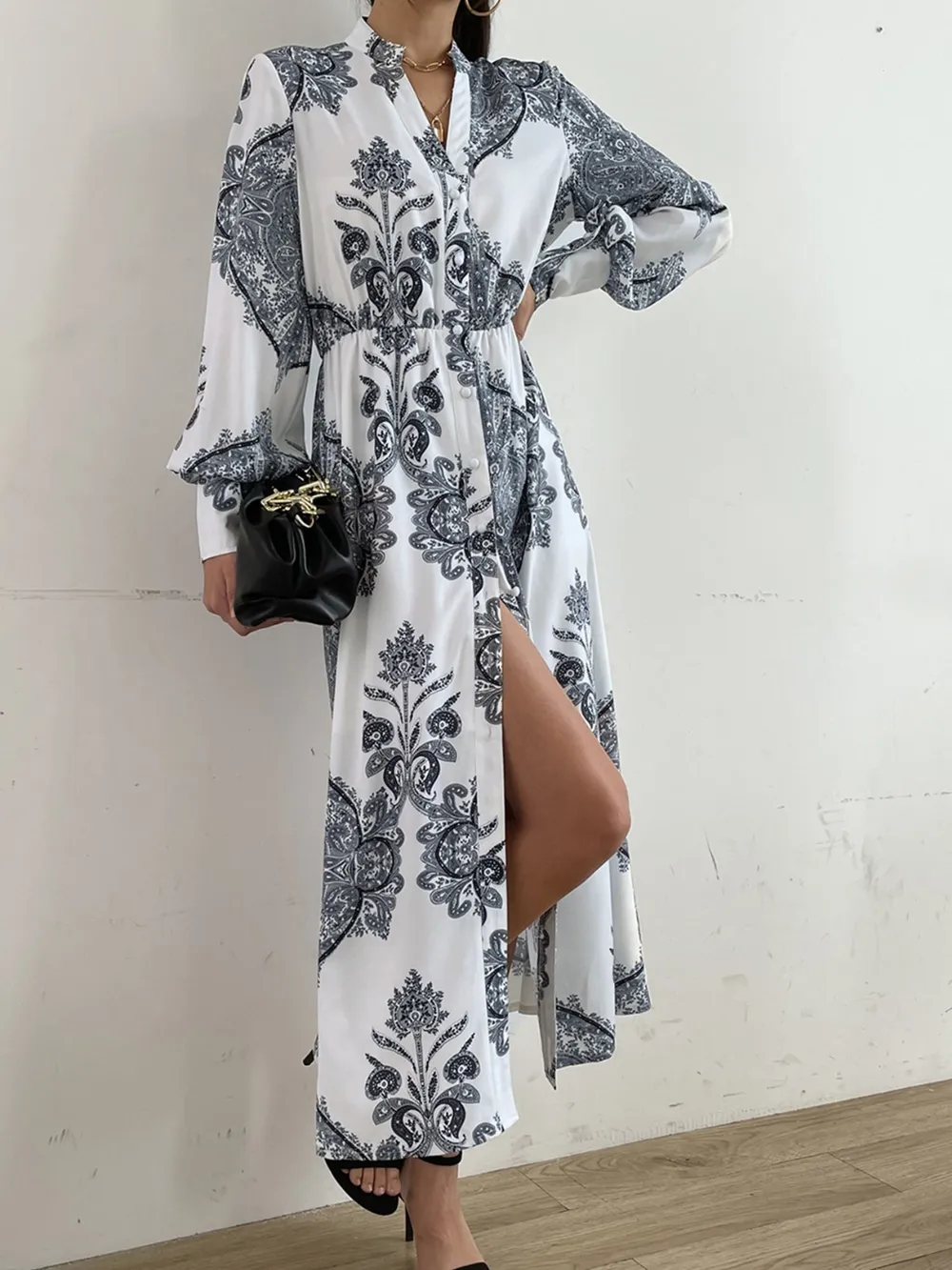 Printed Notched Lantern Sleeve Midi Dress, image 4
