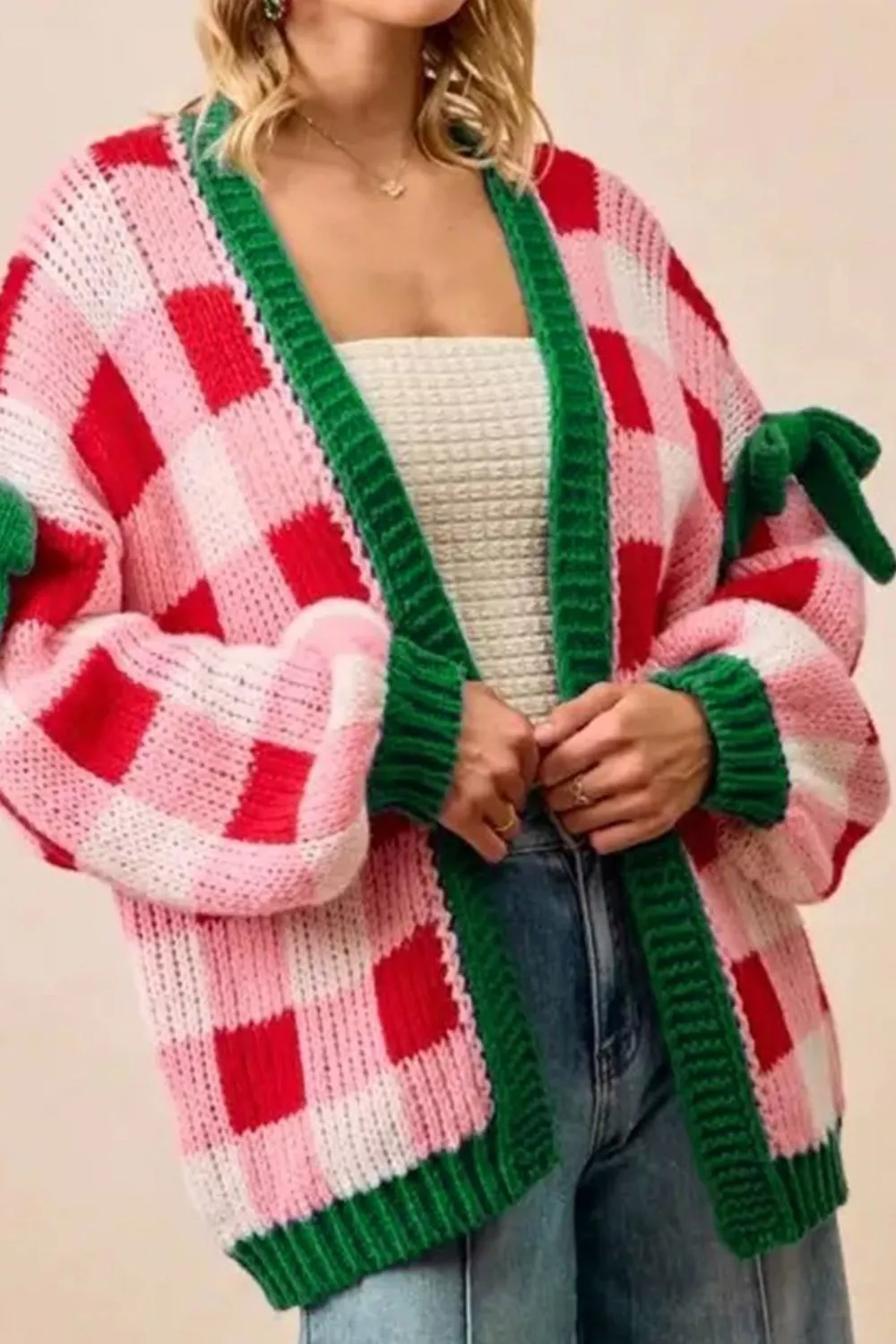 Checkered Bow-Tie Sleeve Knit Christmas Cardigan, image 2