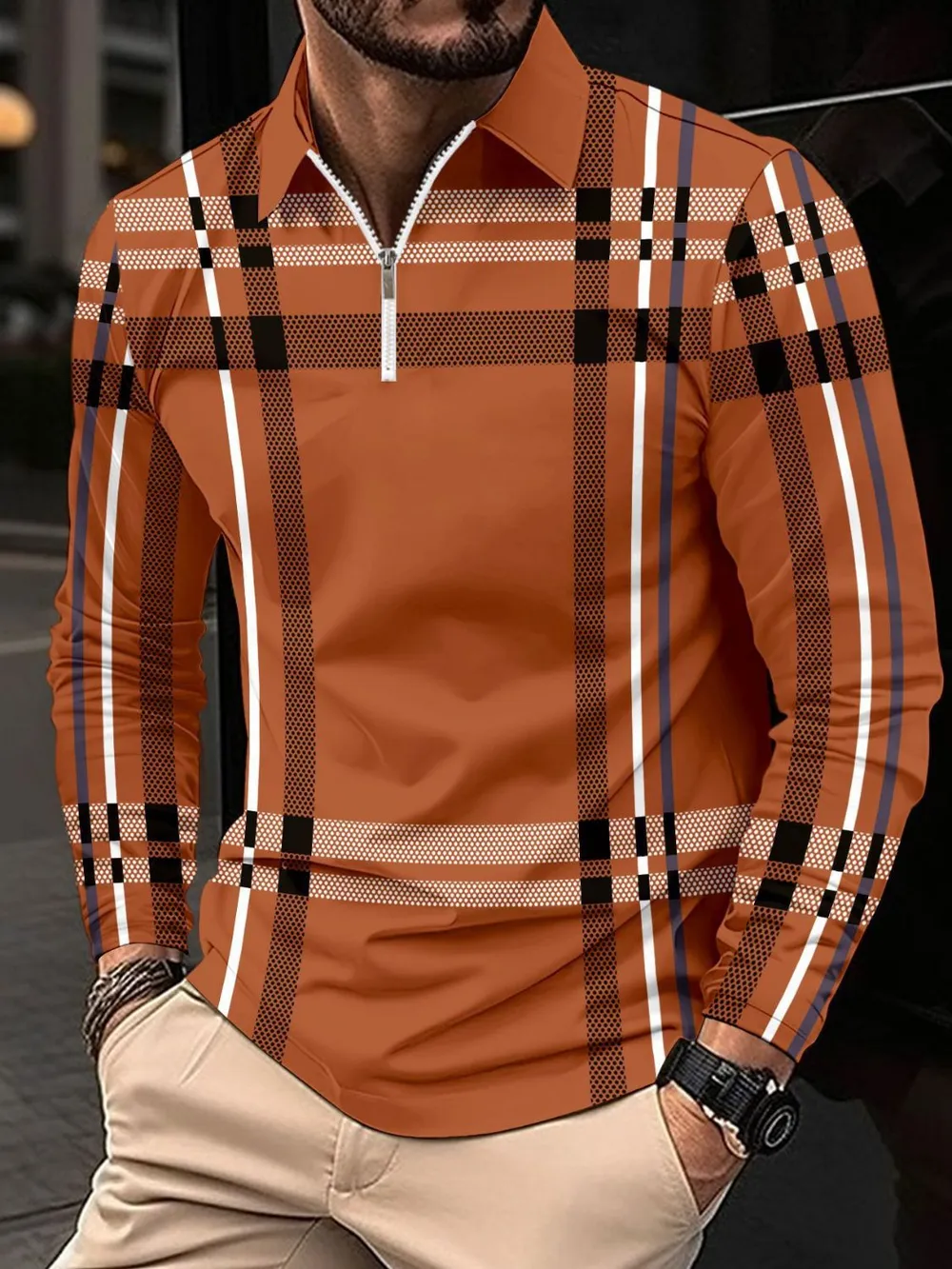 Men's Full Size Plaid Zip Collar Long Sleeve Polo Plus Size, image 8