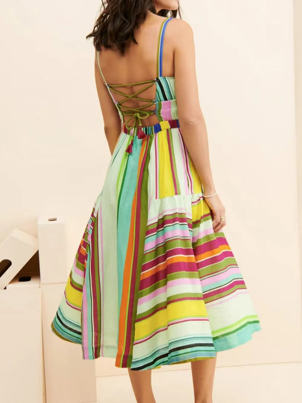 Colorful Striped Spaghetti Strap Midi Dress, image 3