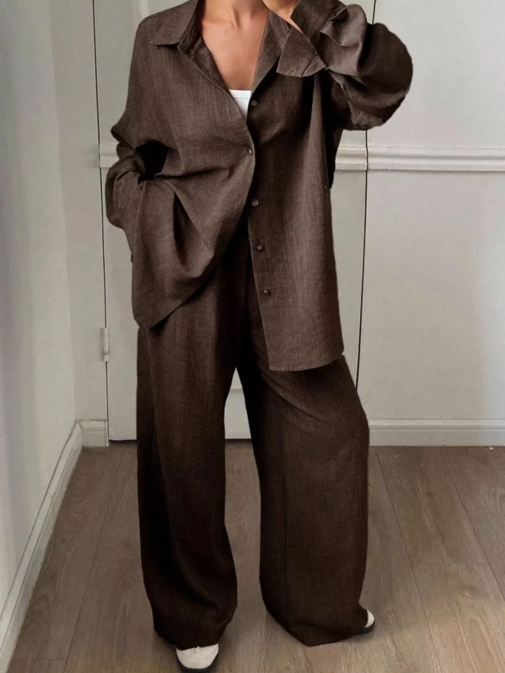 Button Up Long Sleeve Shirt and Wide Leg Pants Set, image 24