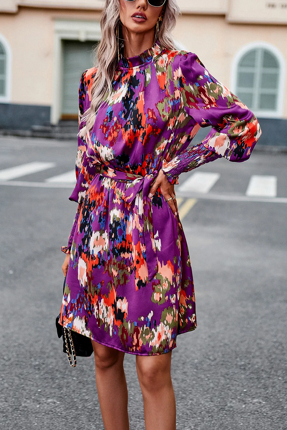 Printed Tie Waist Mock Neck Lantern Sleeve Dress, image 11