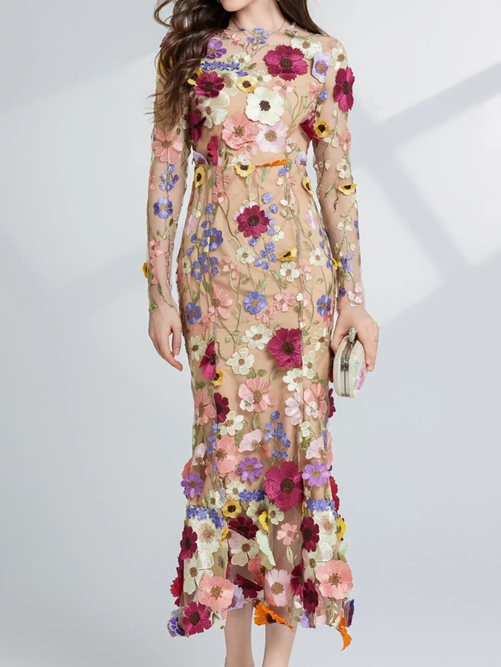 Floral Embroidered Mesh Long Sleeve Midi Dress, image 13