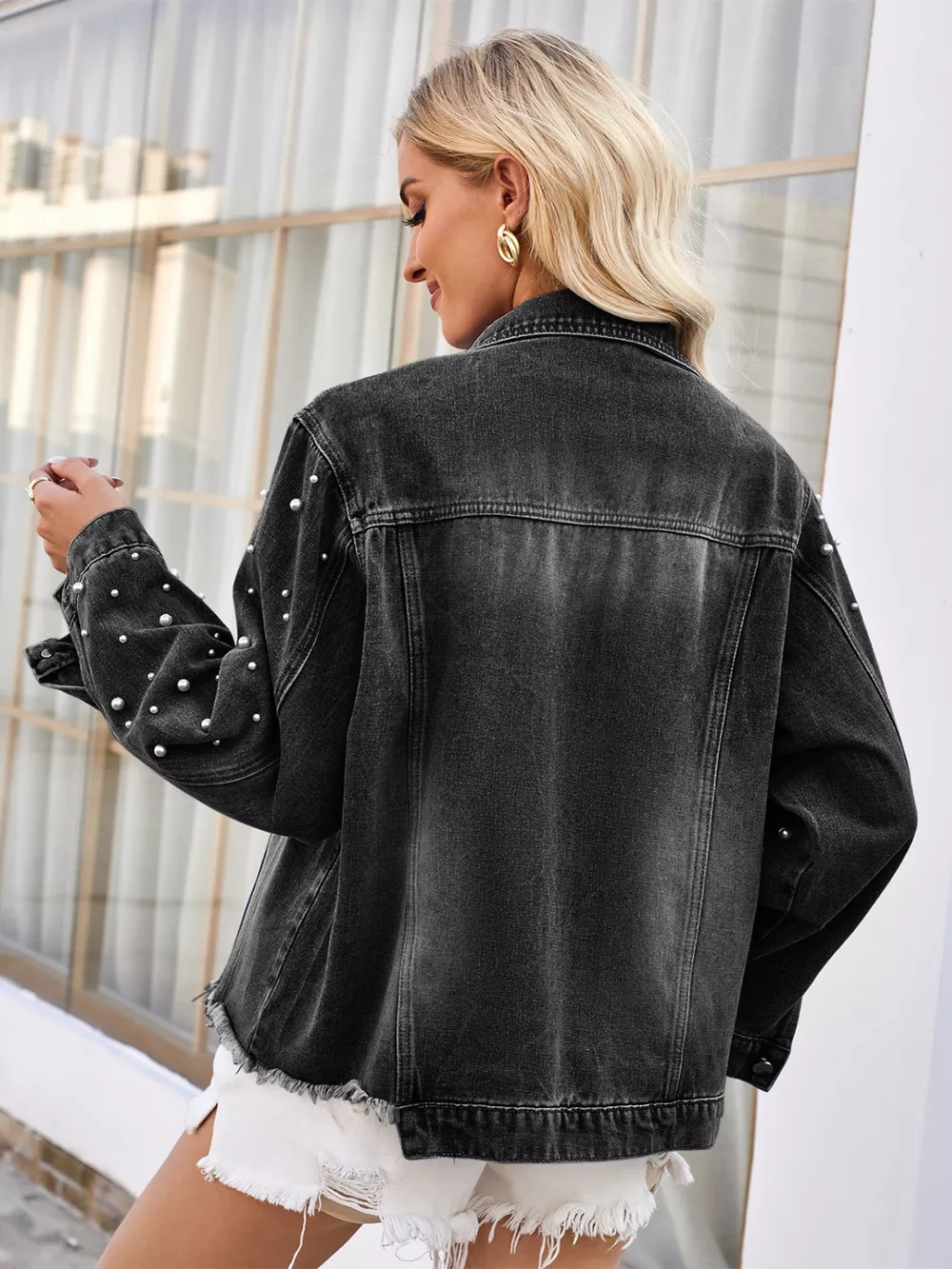 Pearl Trim Raw Hem Denim Jacket, image 7