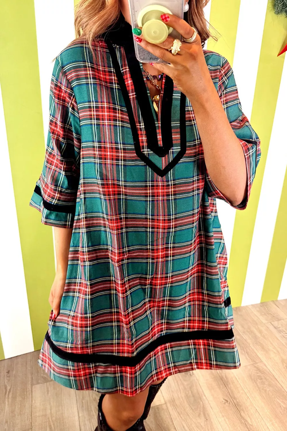 Plaid Velvet Trim Pockets Short Shift Dress, image 3