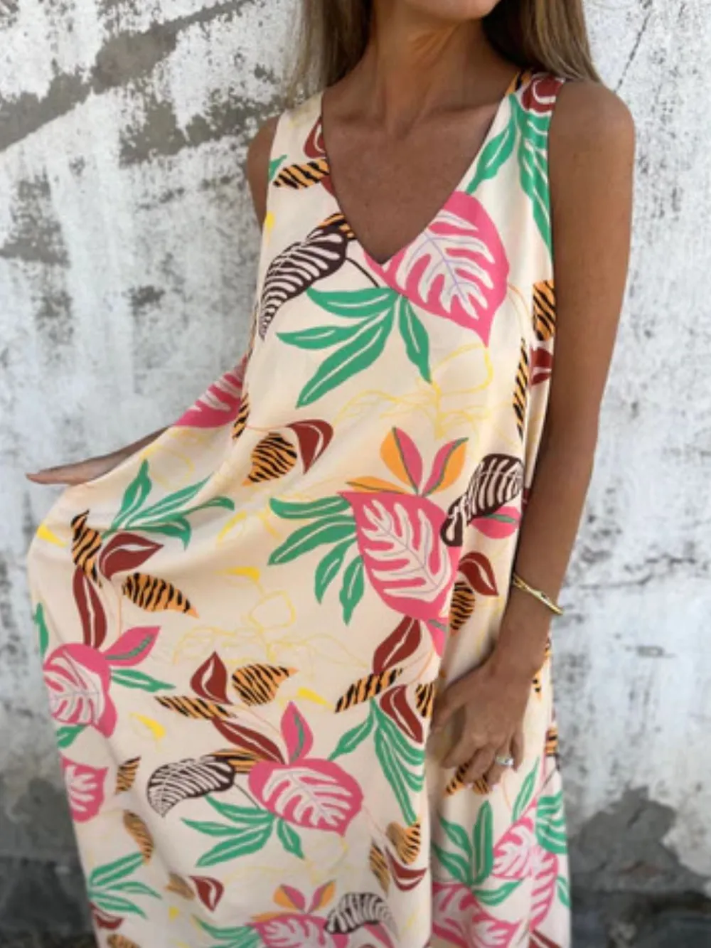 Full Size Printed V-Neck Sleeveless Dress Plus Size, image 6