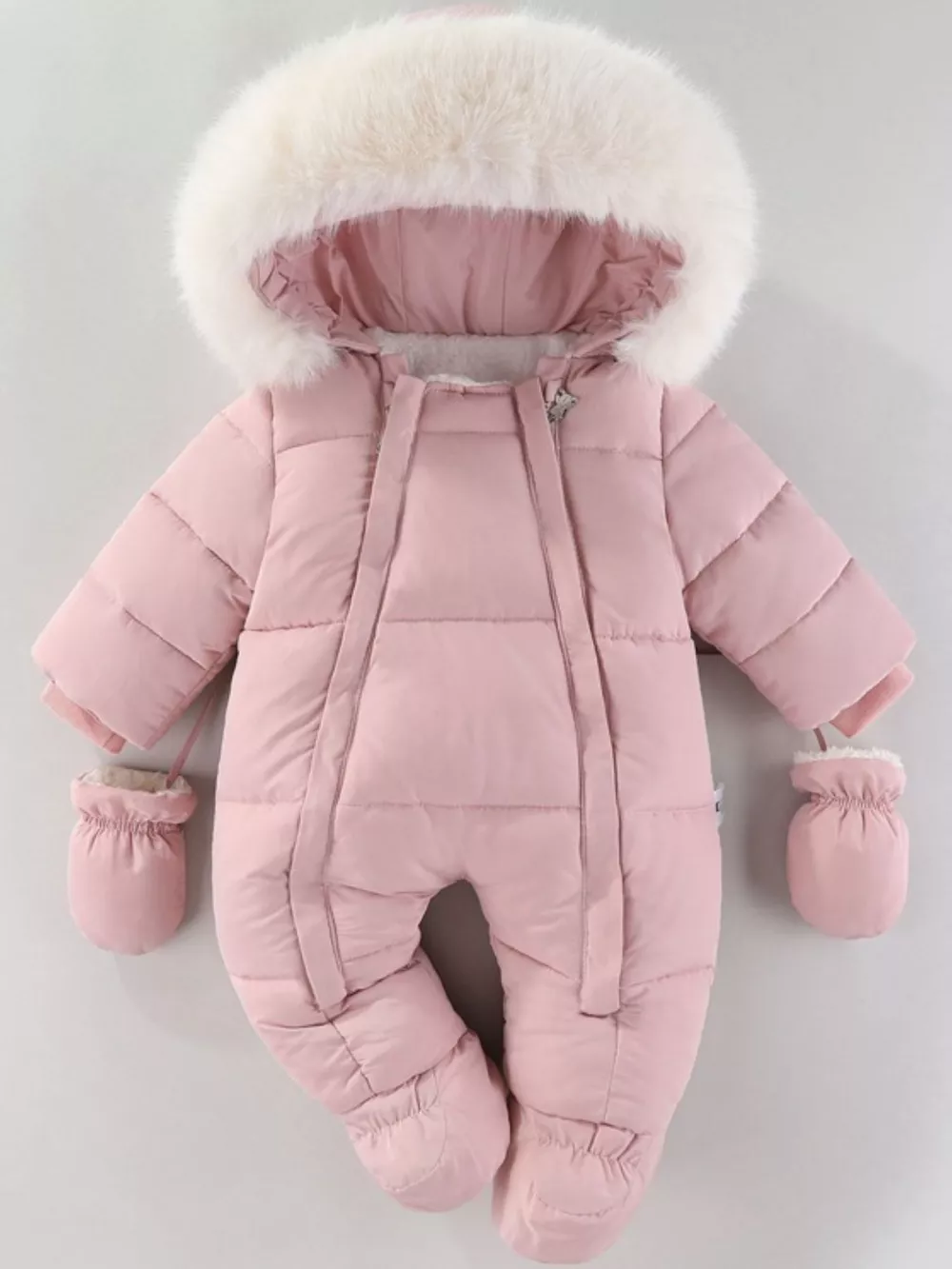 Children's Warm Padded One-Piece Snowsuit with Fur Hood, image 7