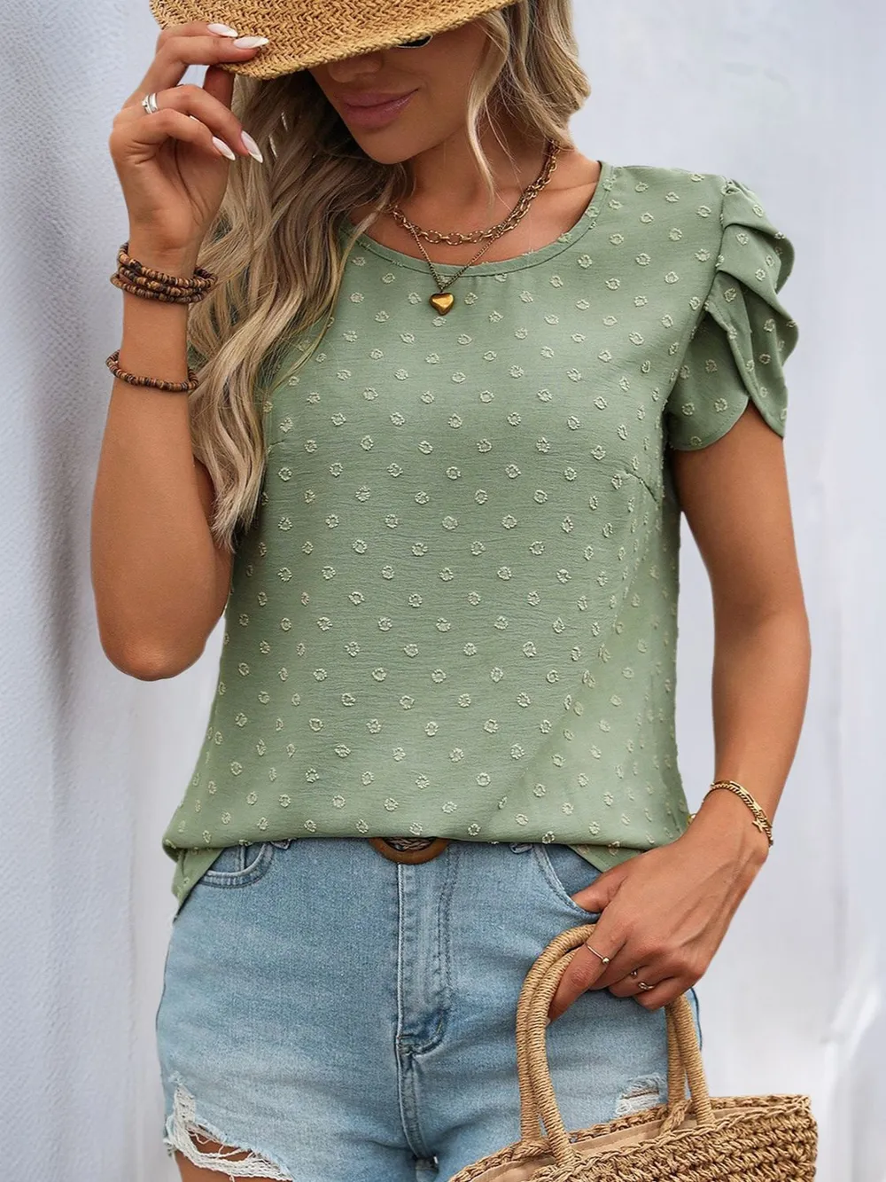 Swiss Dot Round Neck Petal Sleeve Blouse, image 3
