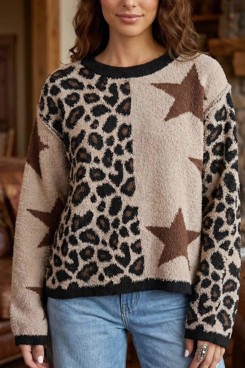 Leopard Star Pattern Round Neck Long Sleeve Shift Sweater, image 7