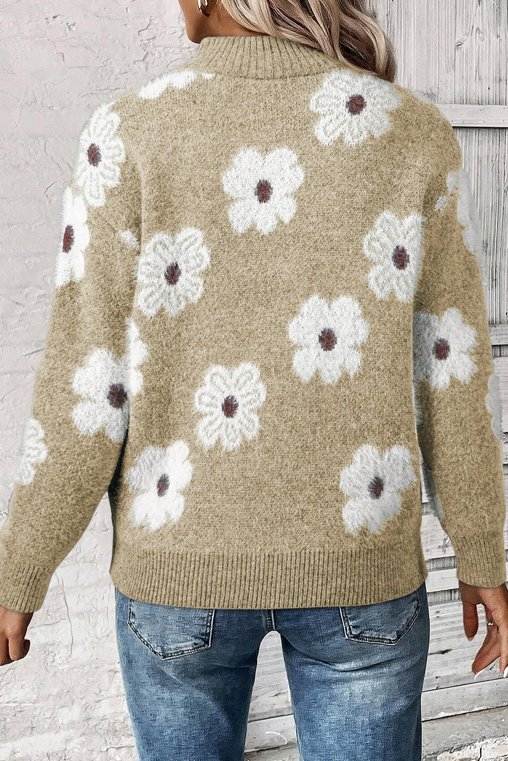 Flower Half Zip Long Sleeve Sweater, image 7