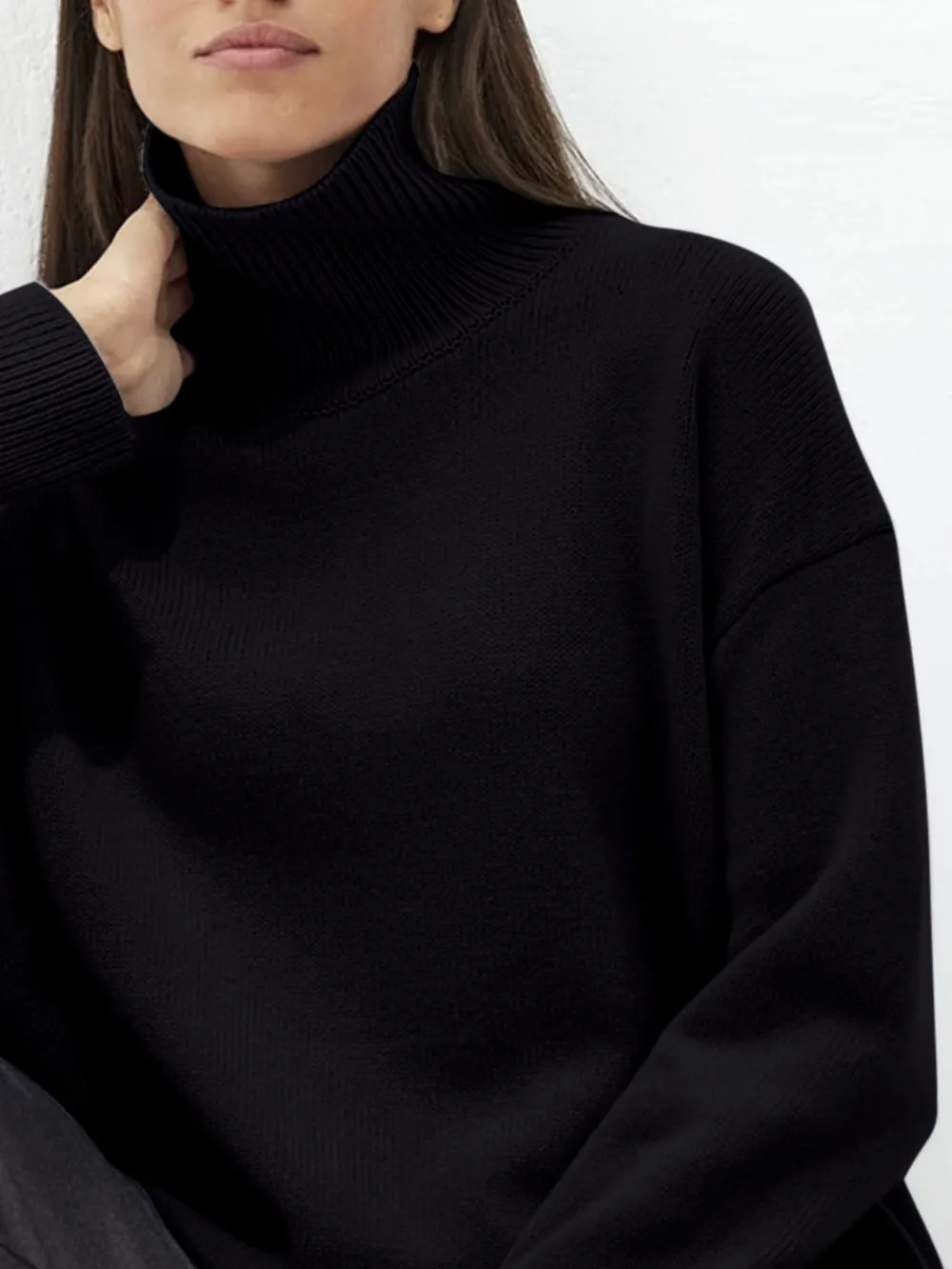 Ribbed Detail Turtleneck Dropped Shoulder Sweater, image 11