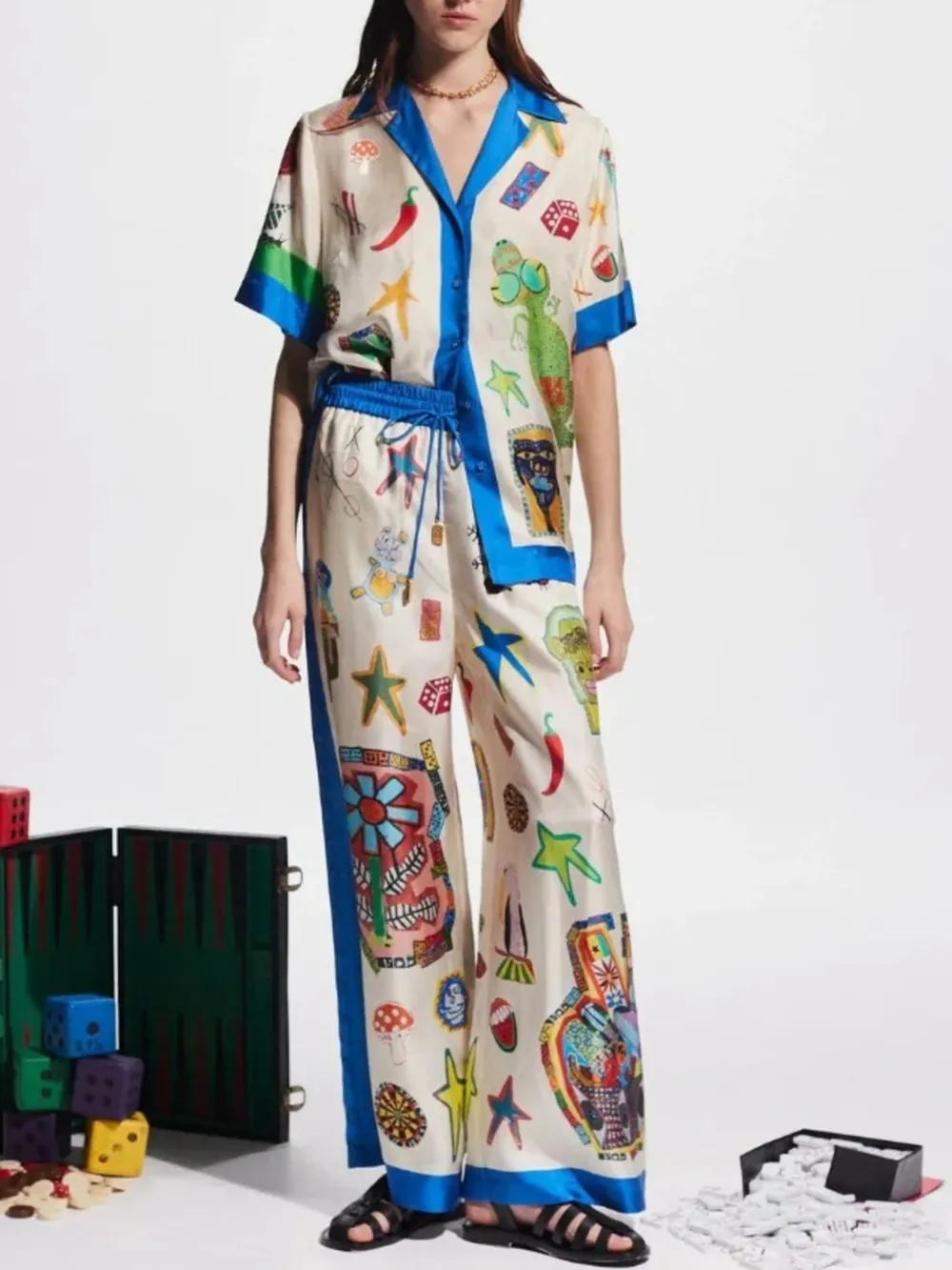 Printed Button Up Shirt and Pants Set, image 3
