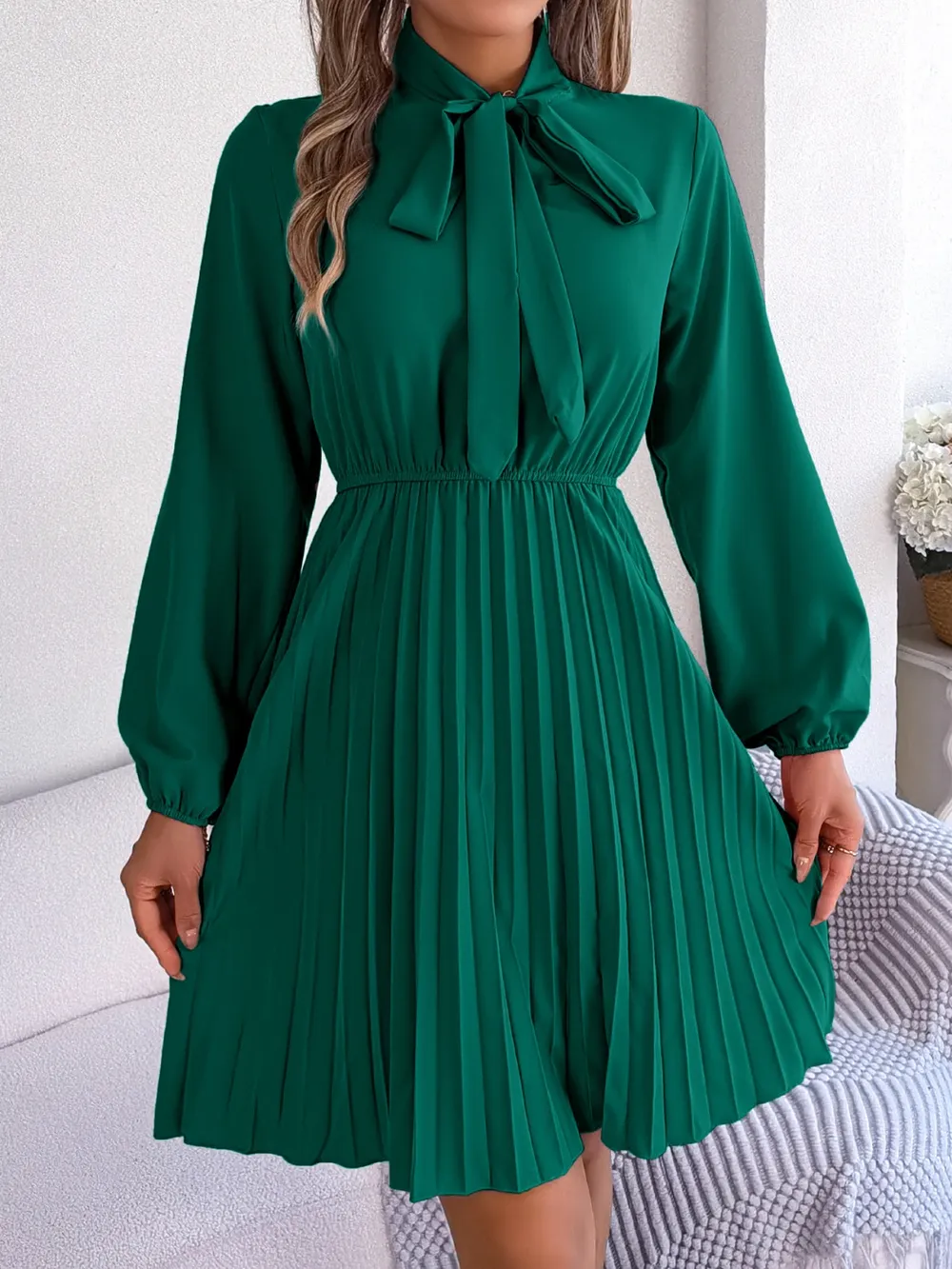 Tie Neck Balloon Sleeve Pleated Dress, image 15