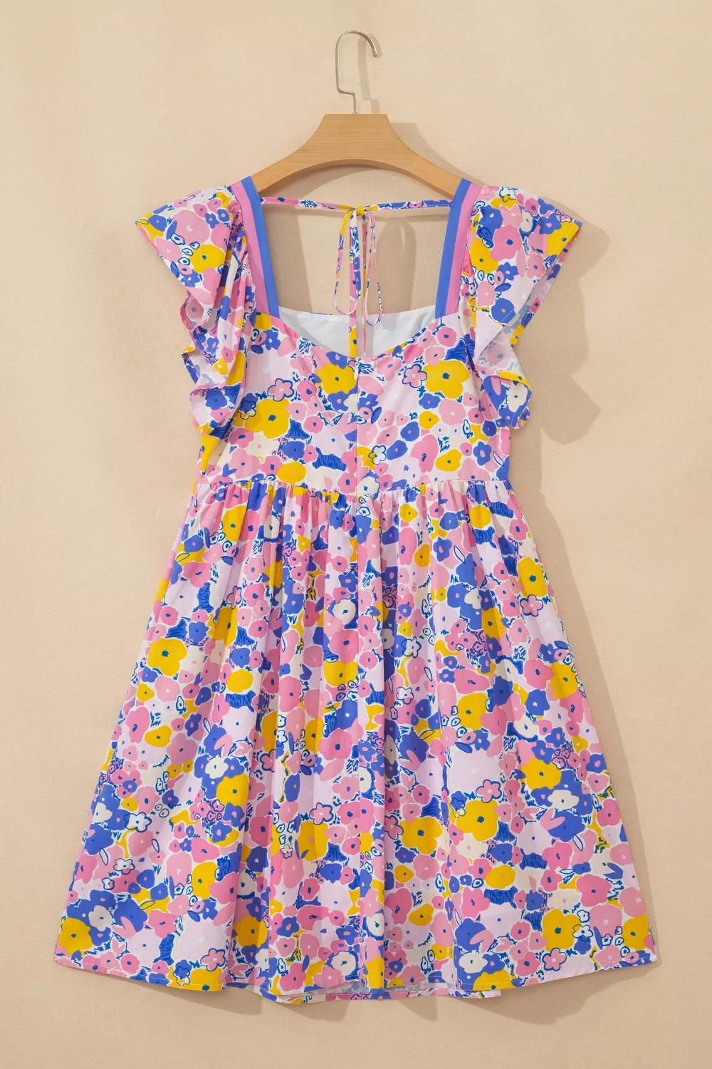 Floral Print Flutter Sleeve Striped Trim Square Neck Loose Mini Dress, image 6