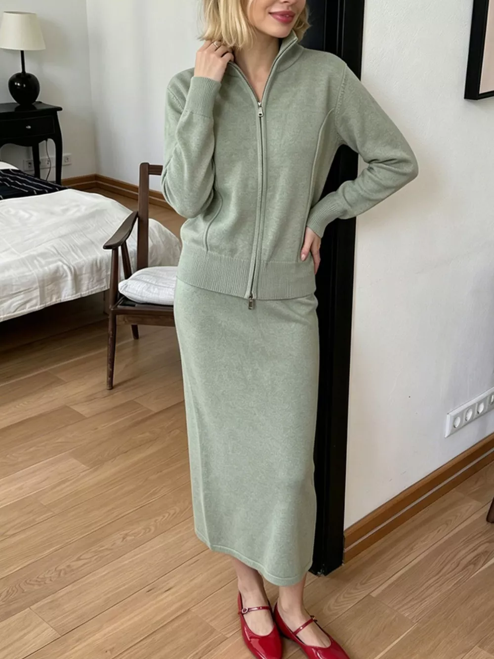Zip-Up Mock Neck Cardigan and Matching Midi Skirt Sweater Set, image 10