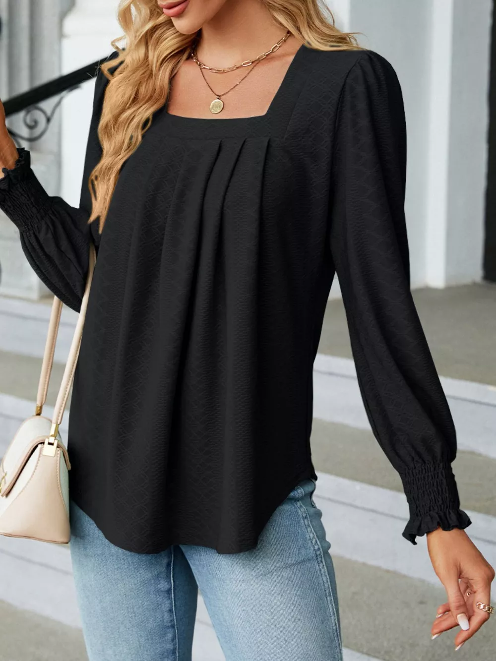 Pleated Square Neck Long Sleeve Top, image 13