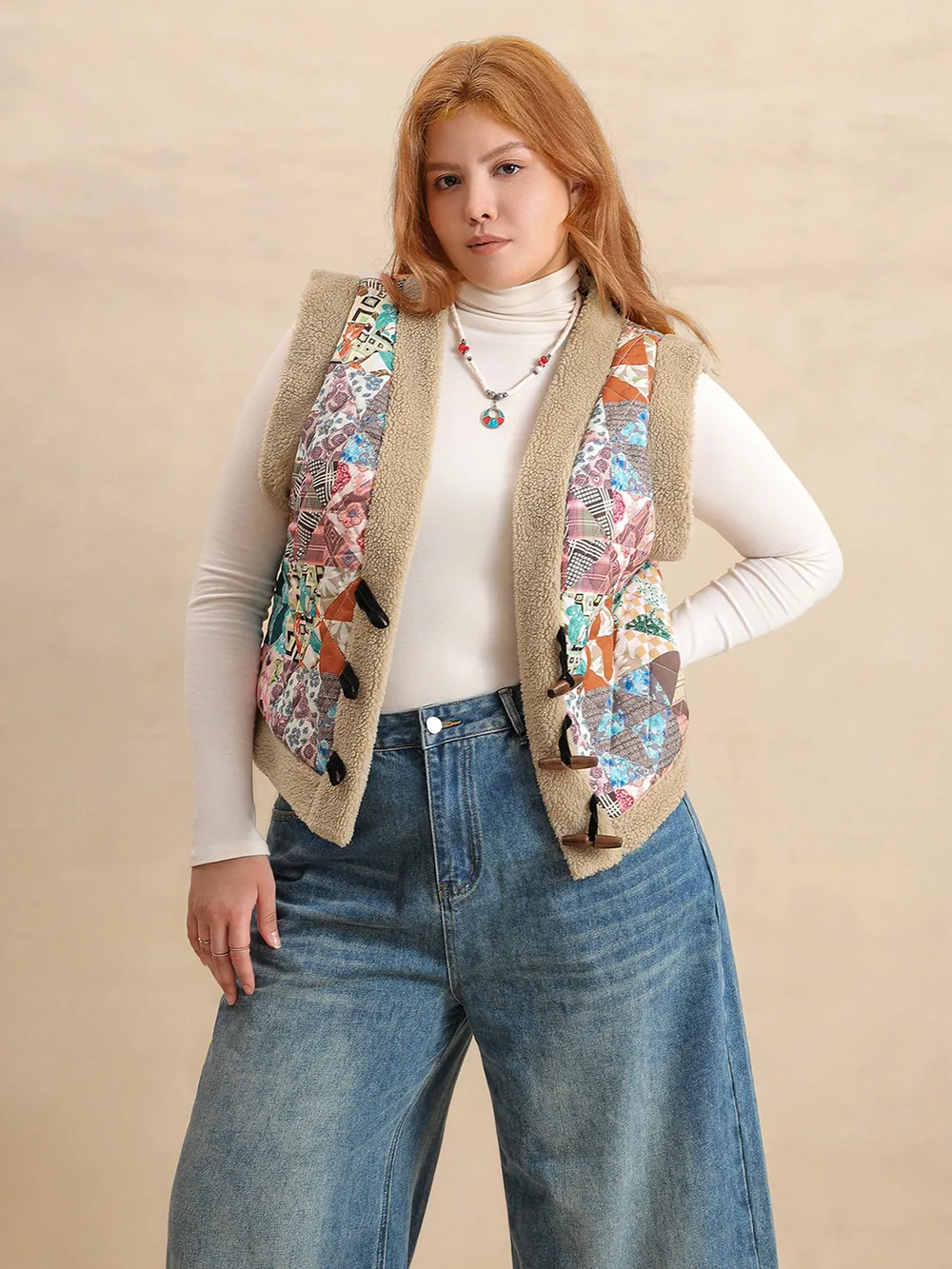 Plus Size Printed Sherpa Vest Coat, image 6