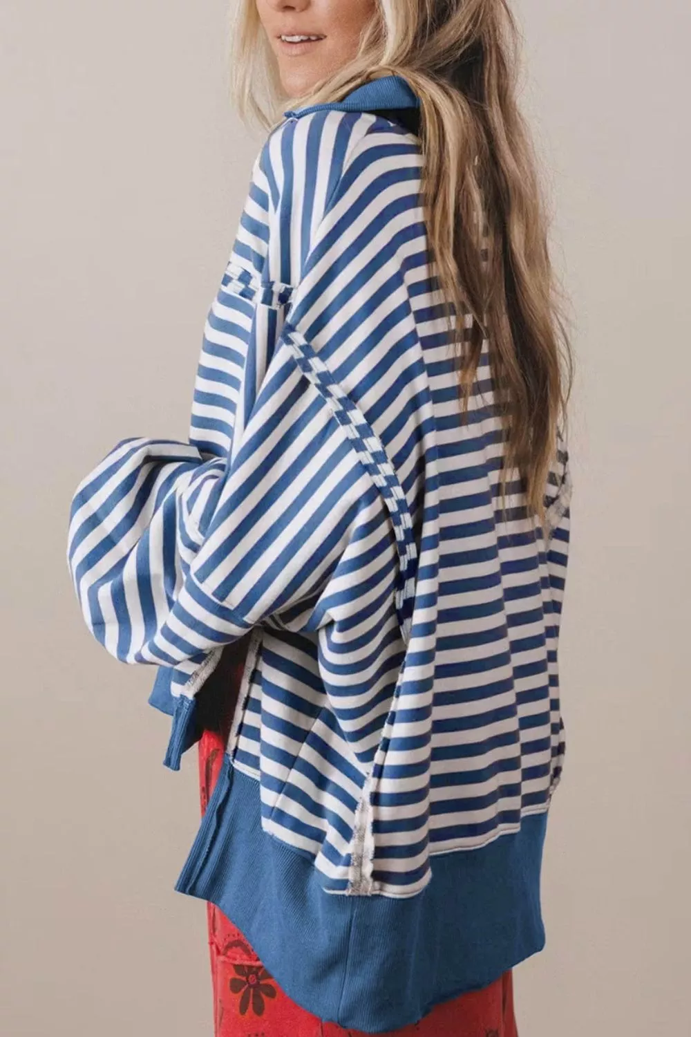 Stripe Color Block Trim Raw Seam Split Hem Loose Sweatshirt, image 6