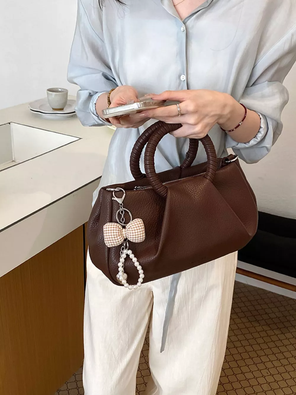 Top Handle Crossbody Bag with Pearl Bow Charm, image 2