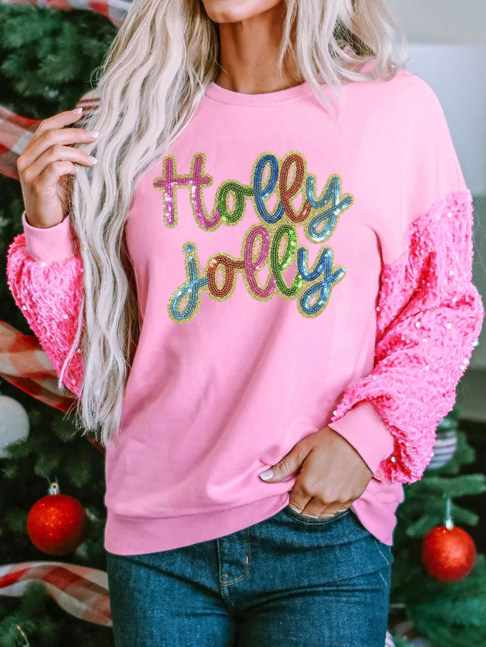 Holly Jolly Sequin Letter Drop Shoulder Long Sleeve Top, image 2