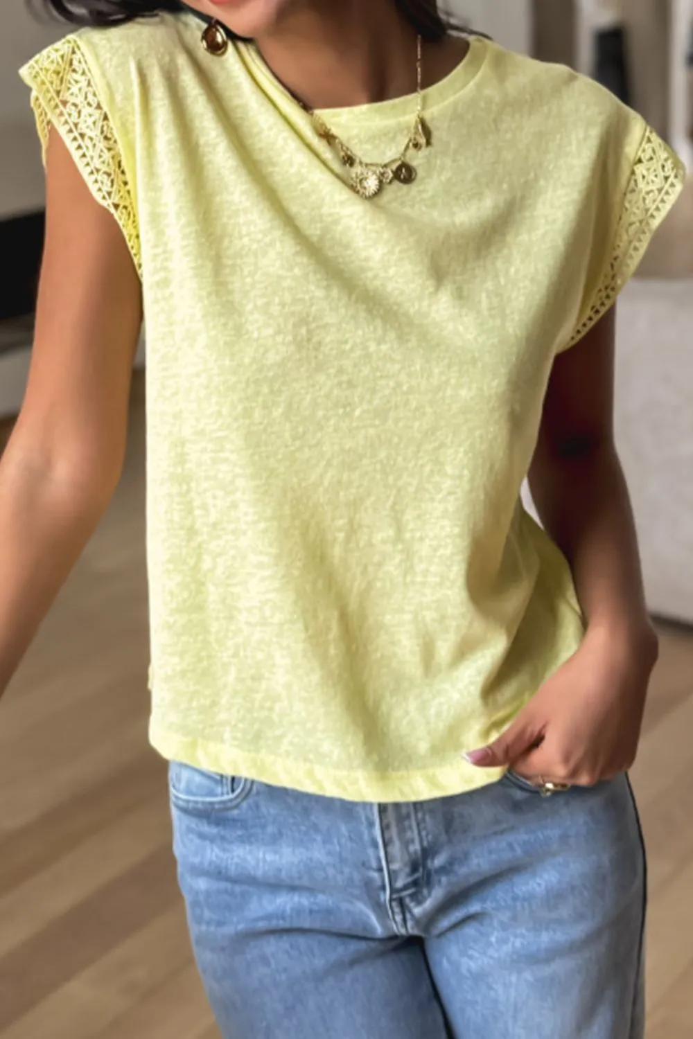 Lace Patchwork Cap Sleeve Round Neck T Shirt, image 8