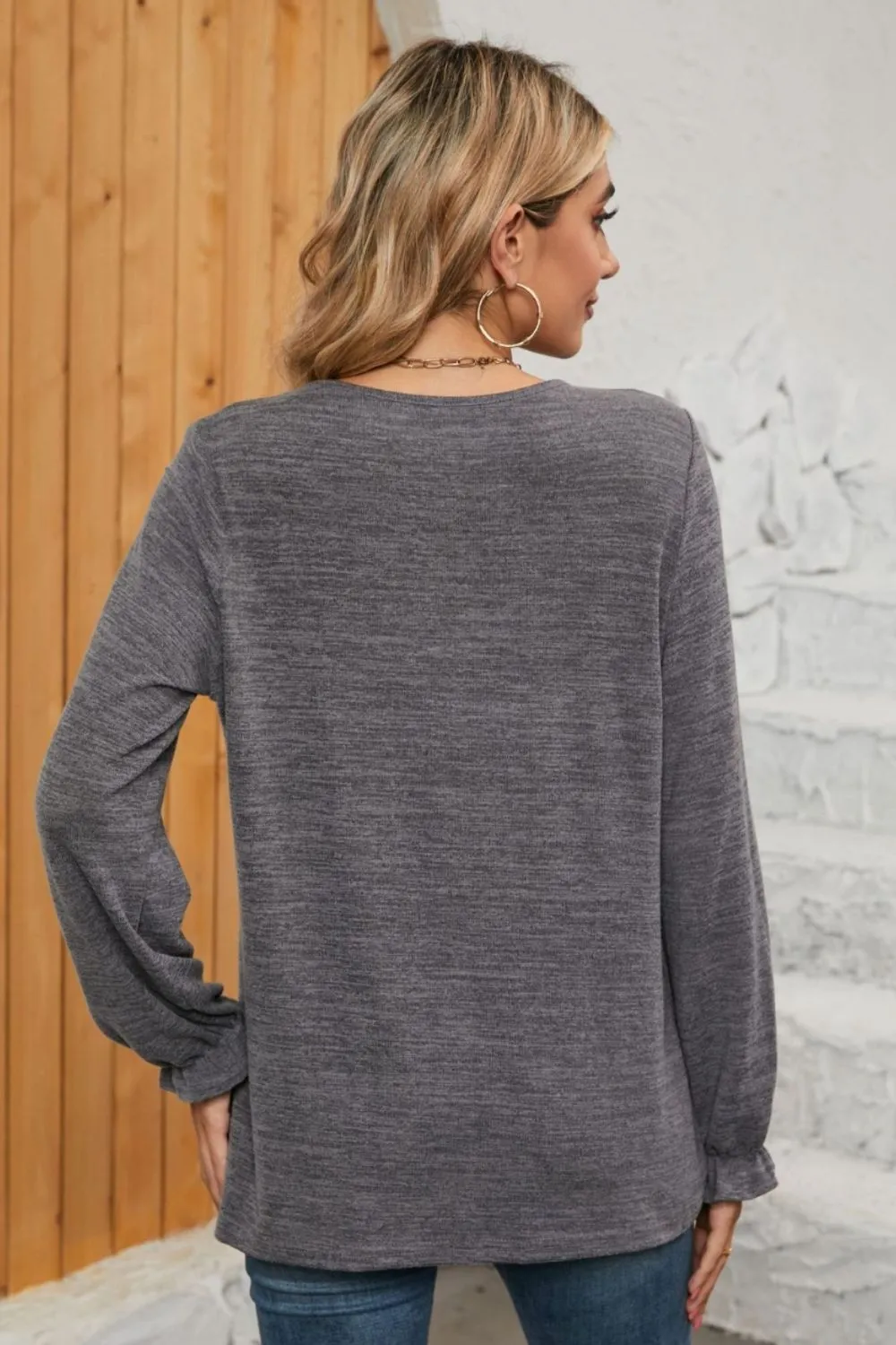 Ruched Round Neck Flounce Sleeve T-Shirt, image 7