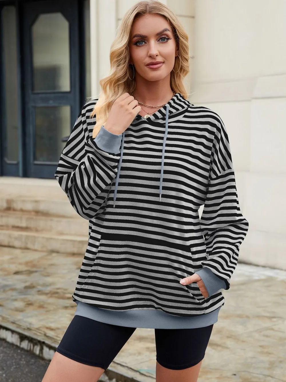 Drawstring Contrast Striped Long Sleeve Hoodie, image 11