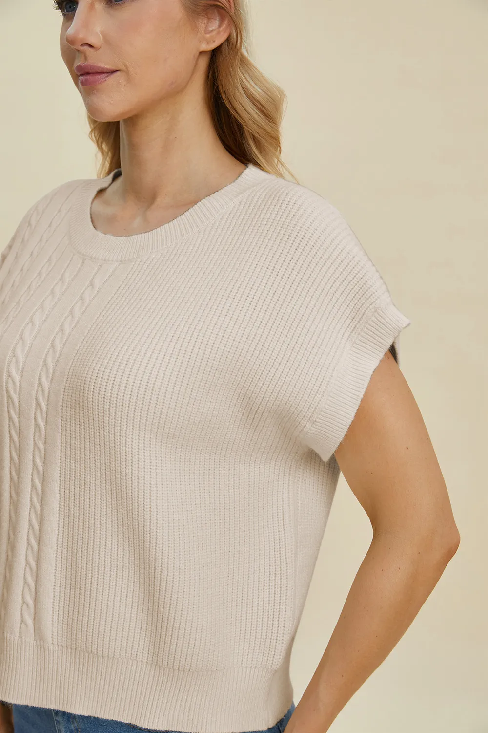 Full Size Cable-Knit Round Neck Short Sleeve Sweater, image 11