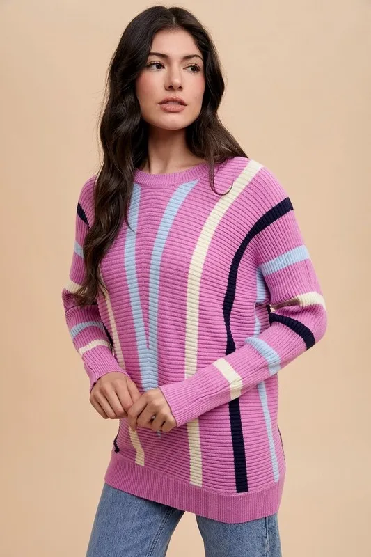 Chevron Stripe Round Neck Ribbed Sweater, image 4