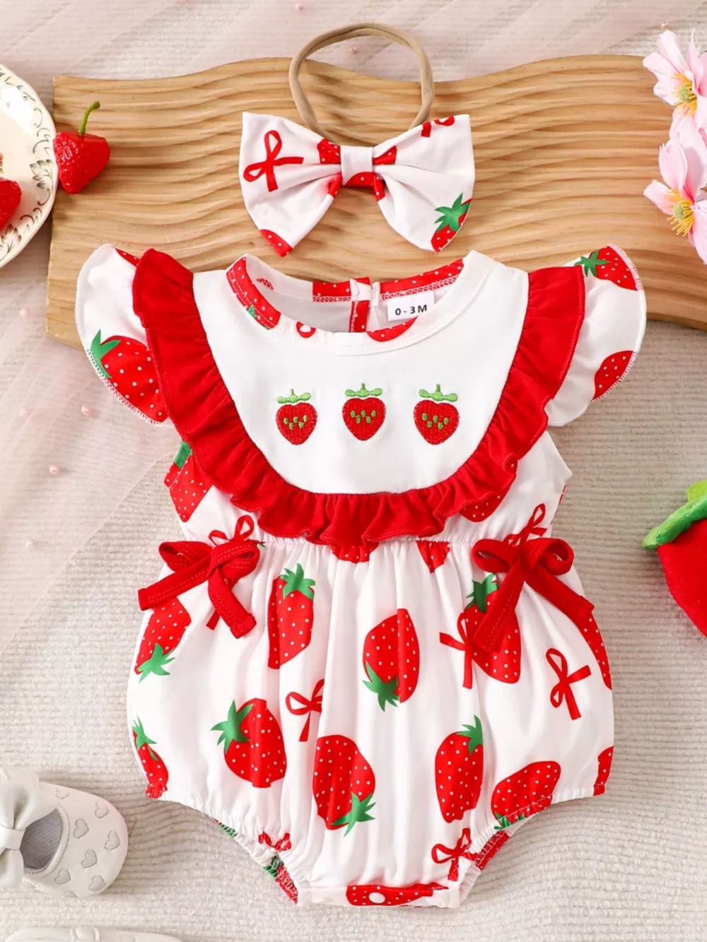Children's Printed Ruffle Trim One-Piece with Headband