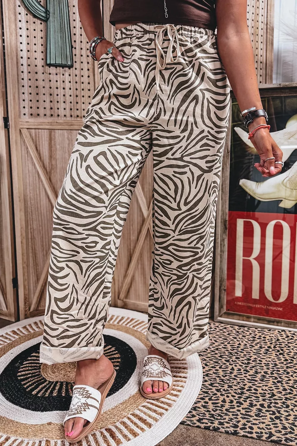 Multicolour Western Print Zebra Pattern Elastic Waist Pocket Pants, image 6