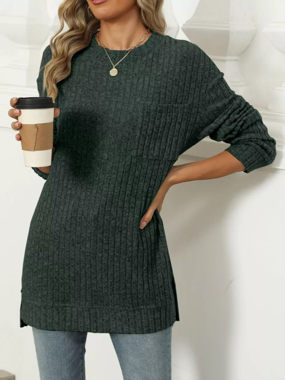 Ribbed Knit Round Neck Sweater, image 28