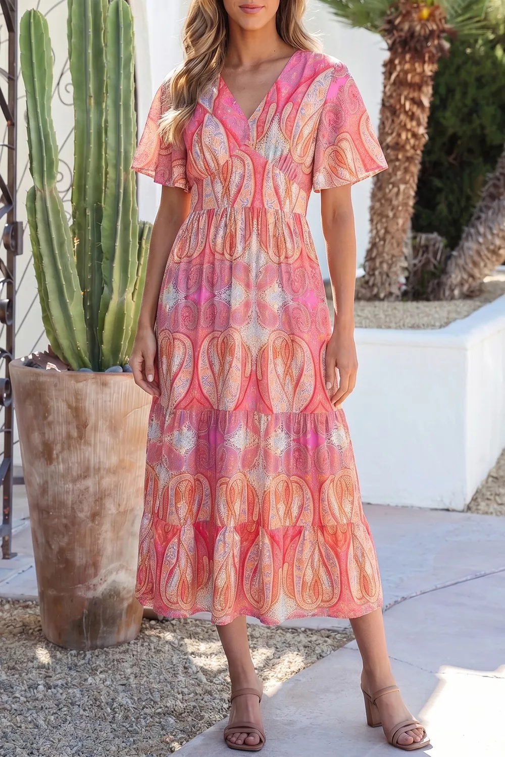 Paisley Print V-Neck Short Sleeve Boho Dress with Ruffle Details, image 4