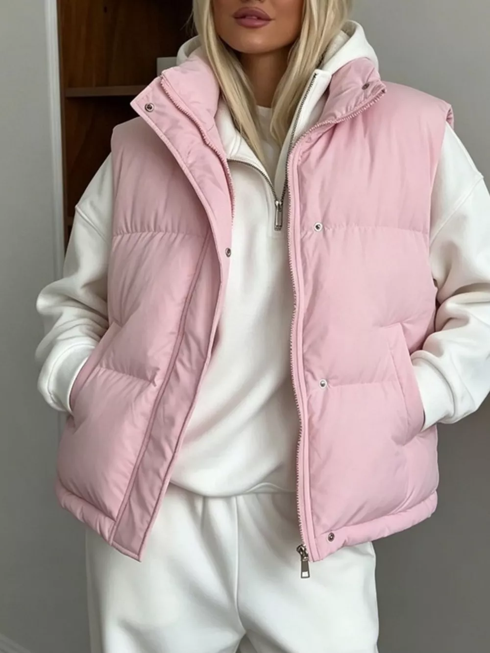 Snap-Button Placket Quilted Puffer Vest Coat