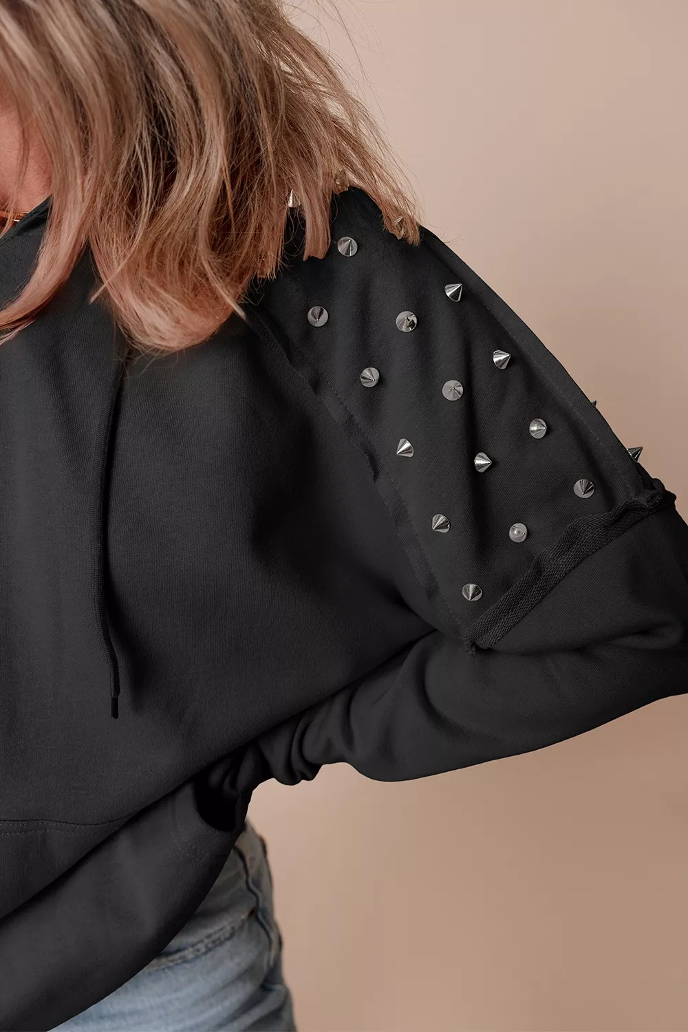 Drawstring Studded Long Sleeve Hoodie, image 3