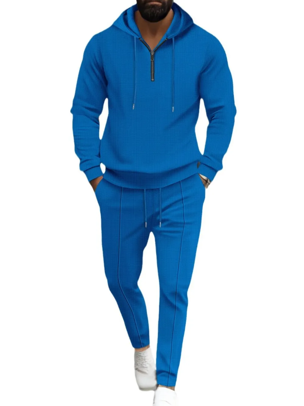 Men's Full Size Waffle-Knit Half Zipper Hoodie and Pants Set Plus Size, image 6