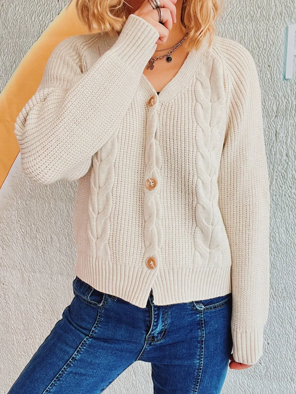 Cable-Knit V-Neck Button Down Long Sleeve Cardigan, image 3