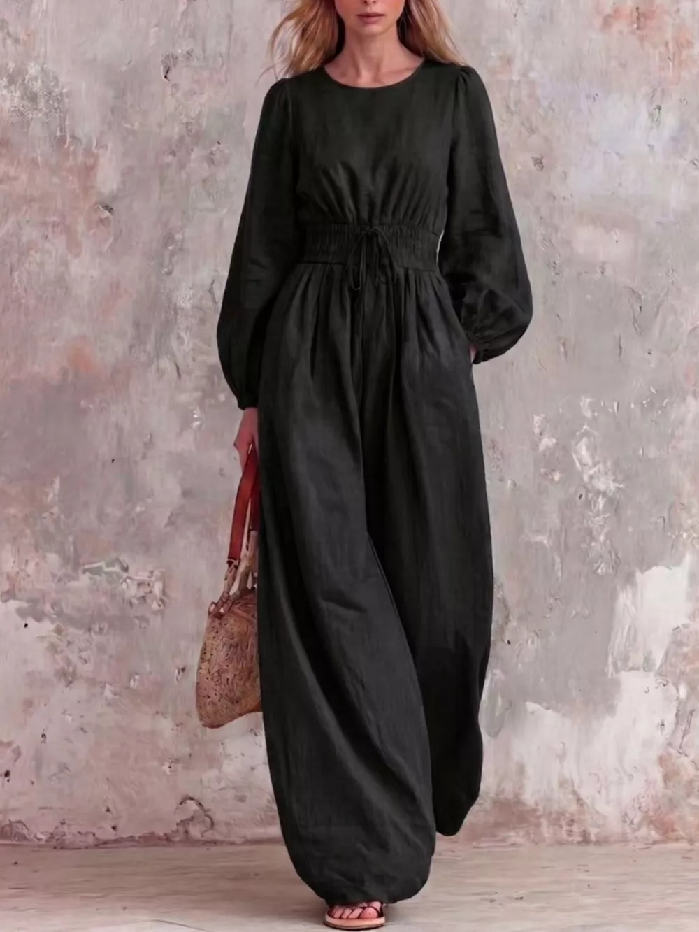 Smocked Waist Long-Sleeve Jumpsuit, image 9