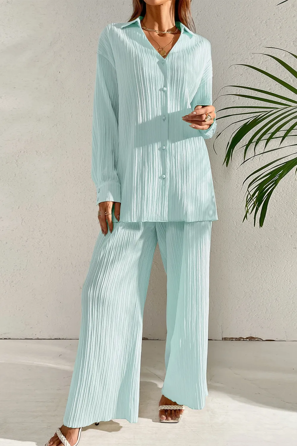 Johnny Collar Button Down Top and Pants Set, image 6