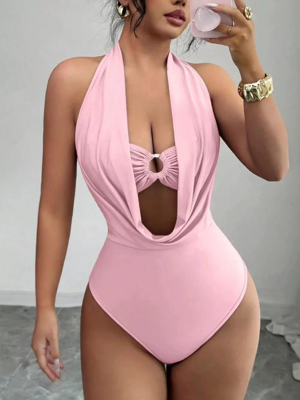 Halter Neck Ruched Ring Detail Bodysuit, image 7