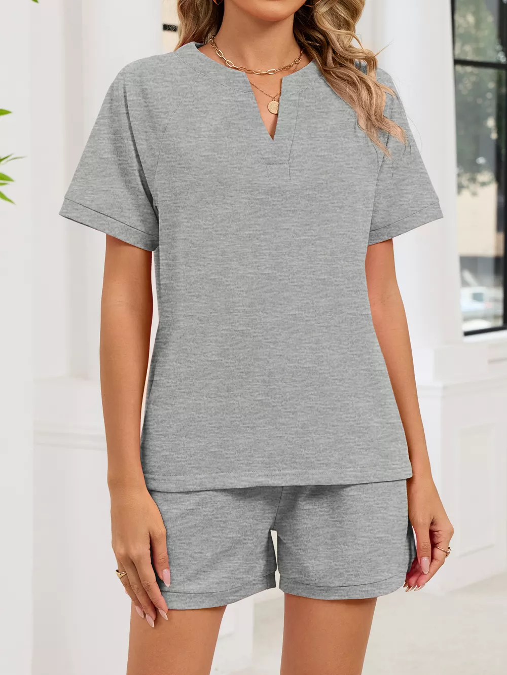 Notched Short Sleeve Top and Shorts Set, image 7