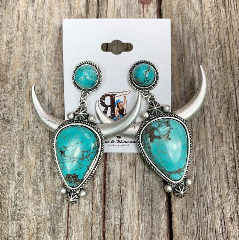 Artificial Turquoise Alloy Cow Head Earrings, image 7