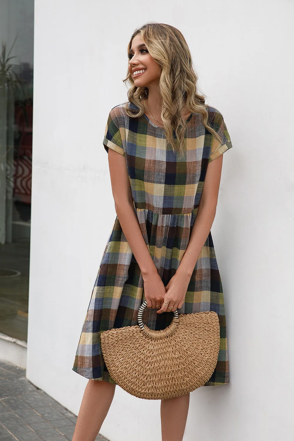 Plaid Round Neck Cap Sleeve Dress, image 6