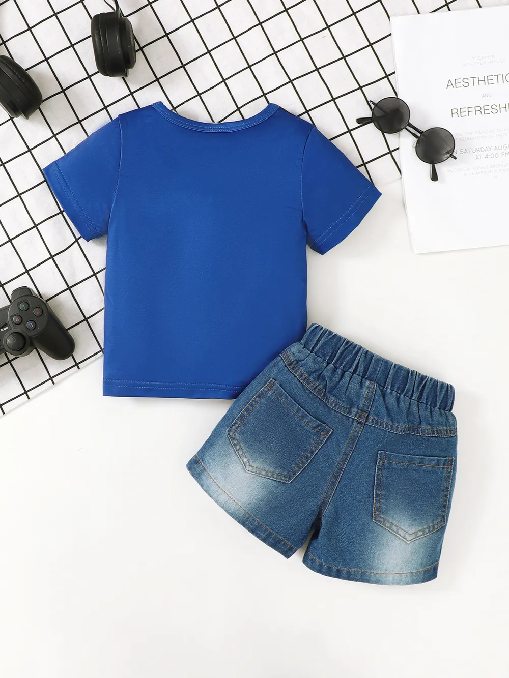 Children's Letter Round Neck Top and Denim Shorts Set, image 2