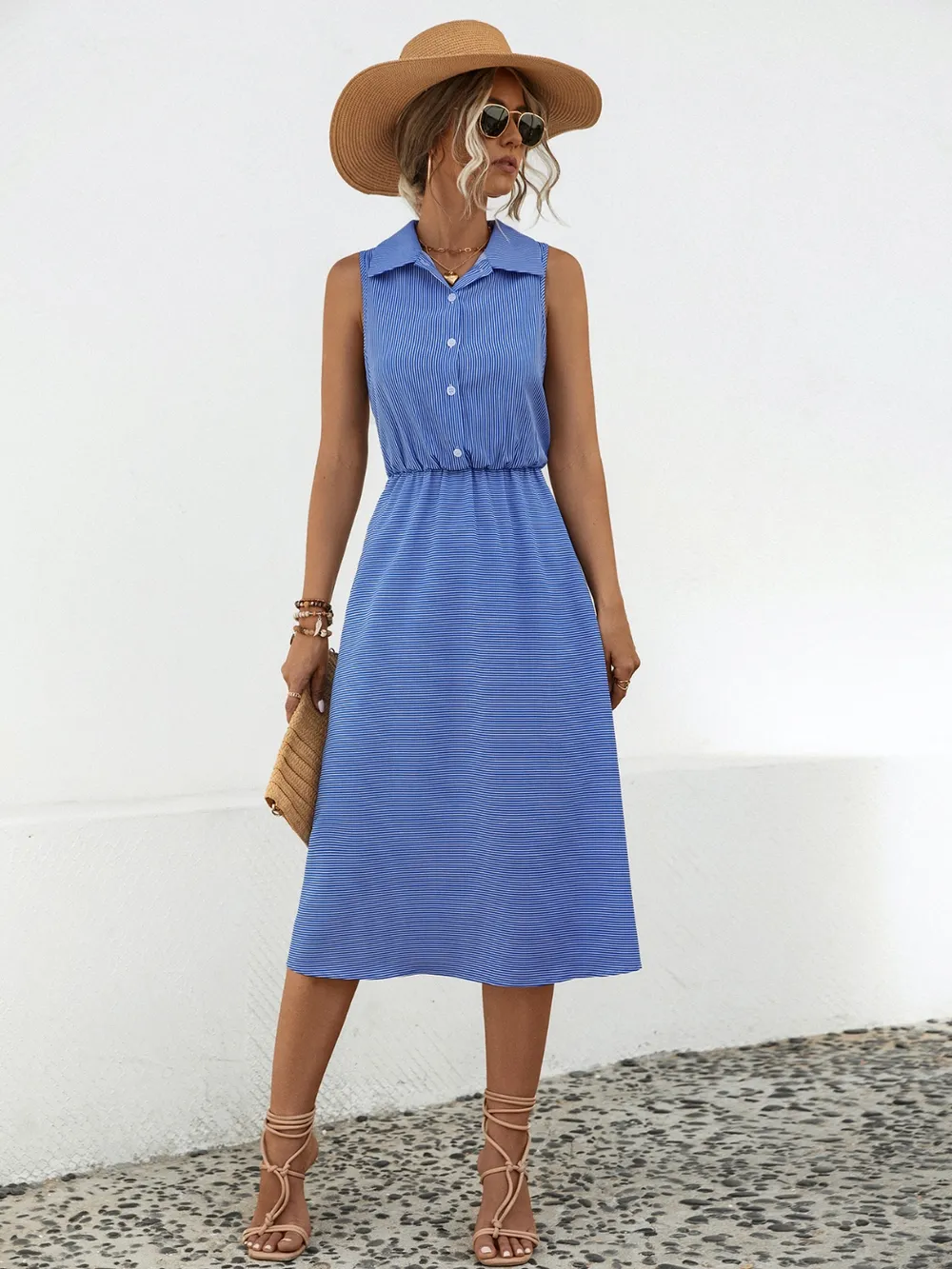 Striped Collared Neck Sleeveless Midi Dress, image 4